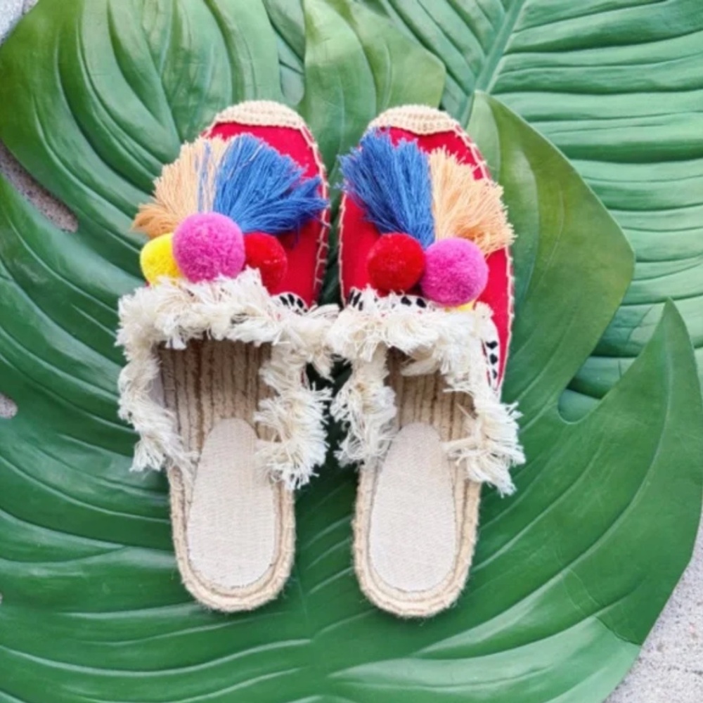 Red Mule Slip On Shoes with Pom Poms and Tassels - Picture 3 of 4